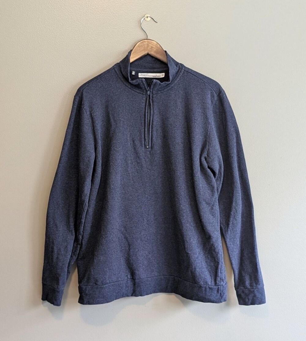 Criquet Men Large Blue Quarter Zip Pullover Sweater 100% Cotton LS Golf Shirt L
